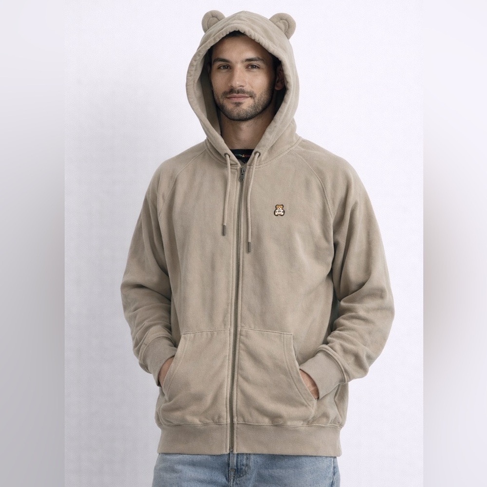 Teddy Fresh Tan Hoodie with Bear Ears Zip Up Beige Mens Unisex Size Large